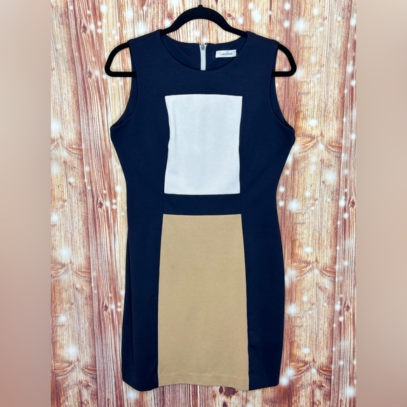Calvin Klein Color Blocked Sheath Dress Size 8 Navy Taupe and Cream - Picture 5 of 5